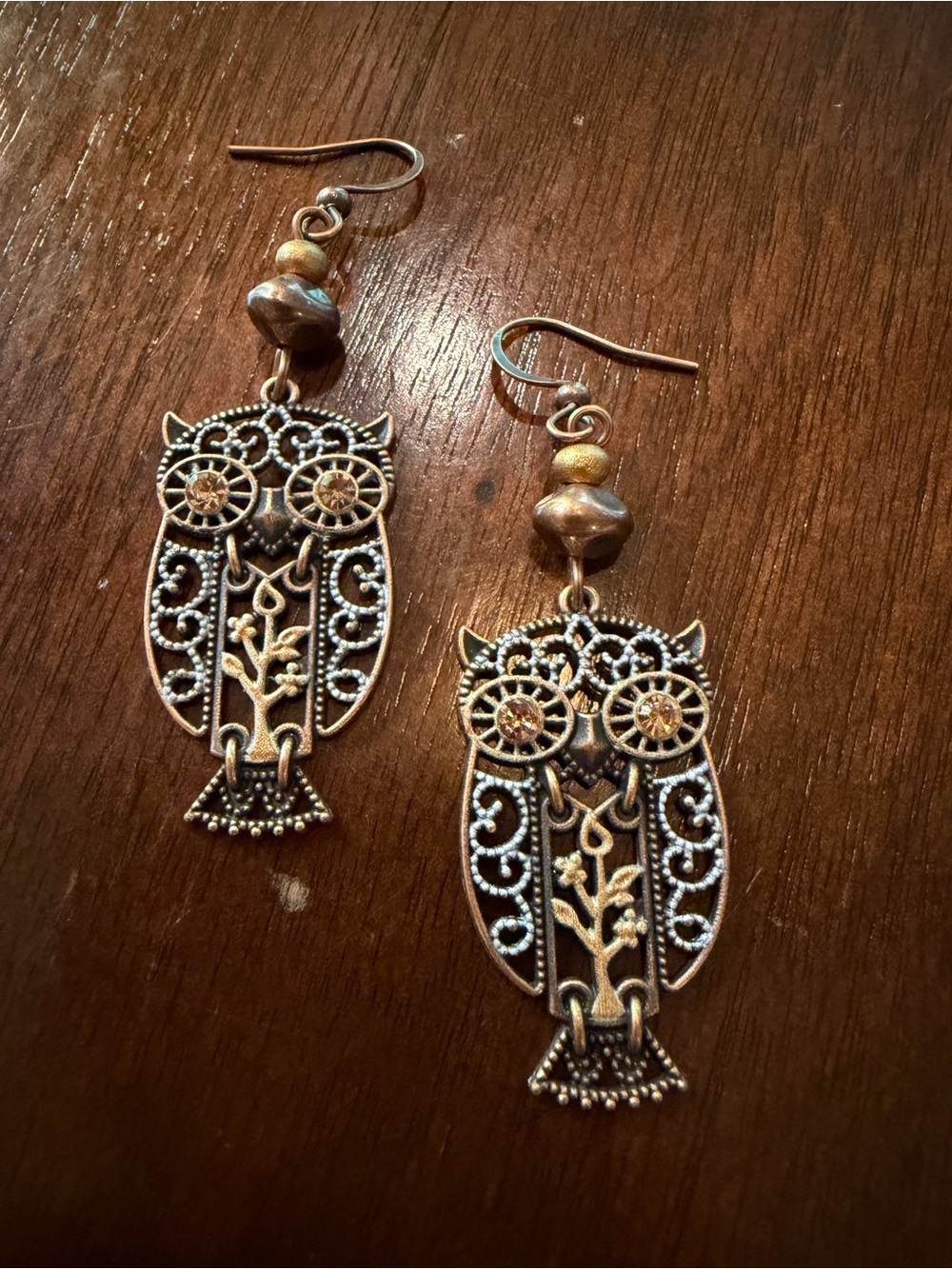 Filigree Owl Drop Earrings in Antique Gold - Women Jewelry